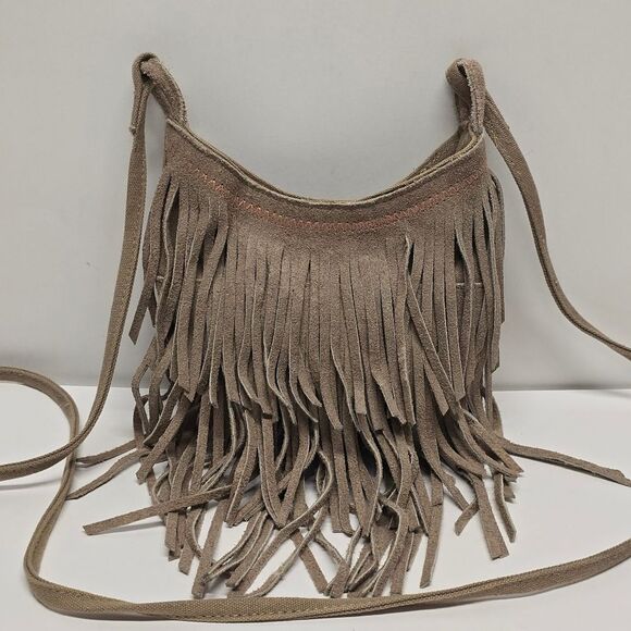 American Eagle Outfitters Beige Tan Suede Leather Fringe Crossbody Boho Purse - Picture 1 of 9